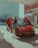 A person in a blue outfit is standing by a red sports car with its doors open, holding a fuel pump at a gas station. The background features a multi-story building and an urban setting.