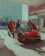 A person in a blue outfit is standing by a red sports car with its doors open, holding a fuel pump at a gas station. The background features a multi-story building and an urban setting.