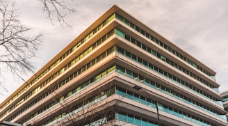 A multi-story office building with a modern architectural design. The structure features large glass windows and horizontal lines. Surrounding the building are bare tree branches and a streetlight, suggesting a cityscape environment.