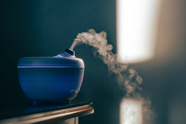 Close-up of a humidifier releasing mist in a softly lit bedroom with plants.