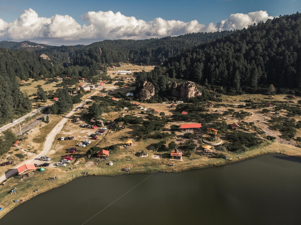 aerial view of a city near a lake