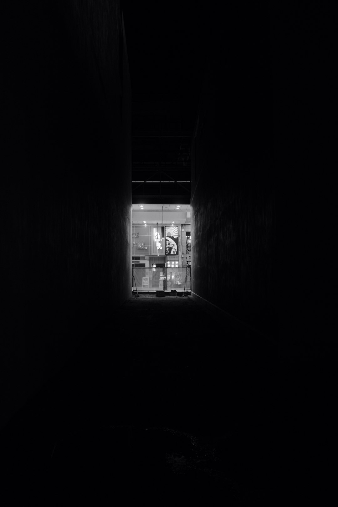 grayscale photo of hallway with light