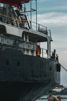 A large ship with a dark exterior is docked alongside a body of water. The ship is equipped with many structural elements and railings. A worker wearing a safety vest and a mask stands on the dock near the ship.