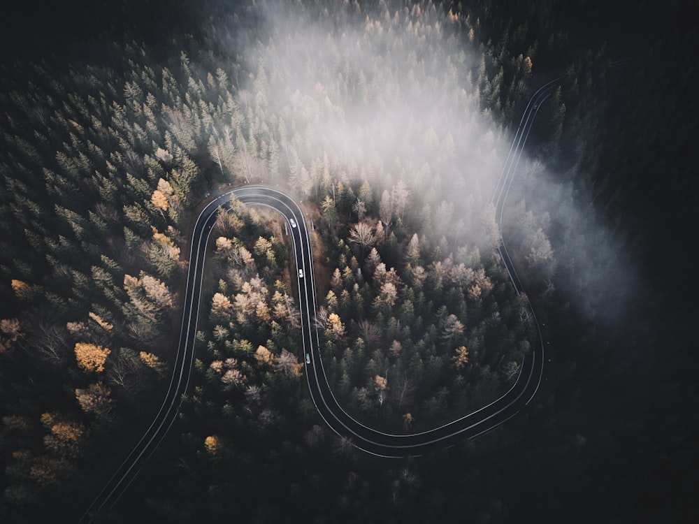 aerial view of road during night time