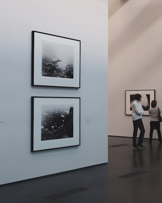 A minimalist art gallery features monochrome photographs on white walls. Two pieces are prominently displayed, with one larger photo below a smaller one. The gallery environment is calm and pristine, with smooth dark flooring and softly lit walls. Two individuals are engaged in viewing the artwork from a distance.