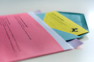 Stacks of decorative paper and envelopes with floral patterns on a bright background.