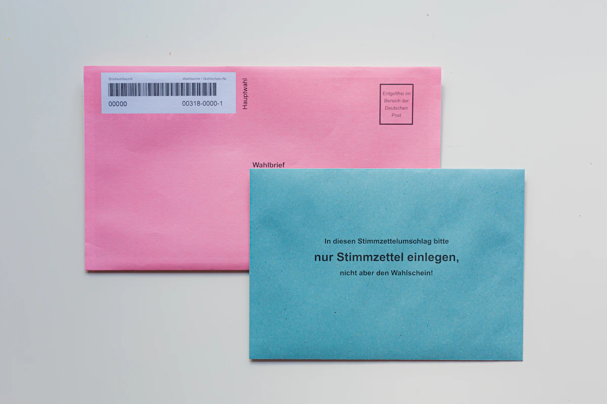 Blue envelope on white table