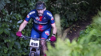 A cyclist wearing a blue and red racing suit with a number 018 attached to the bicycle rides through a dense forest trail. The cyclist is wearing a helmet and gloves, and the surrounding area is lush with green foliage.