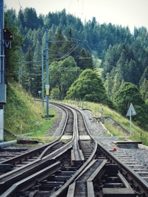 train rail near green trees during daytime