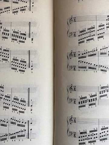 A page from a musical score with a series of staffs displaying treble and bass clefs, filled with an arrangement of musical notes and symbols. The notes vary in pitch and rhythm, indicating a complex composition. The sheet music is open to two pages, visible on both the left and right sides.