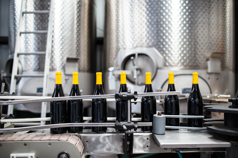 Wine bottles on a stainless steel rack in a winery