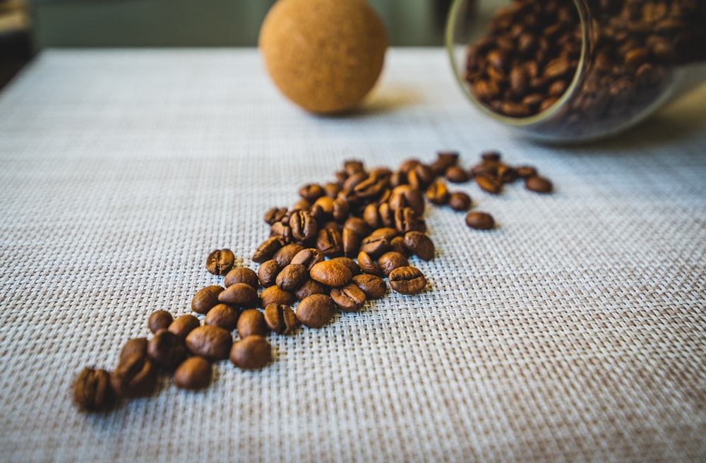 grãos de café marrons em tecido branco