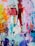 A vibrant abstract painting characterized by thick, textured layers of paint in various colors. The composition features a mix of bright hues, including oranges, blues, pinks, and purples, with a prominent use of bold brushstrokes and a dynamic, chaotic feel.