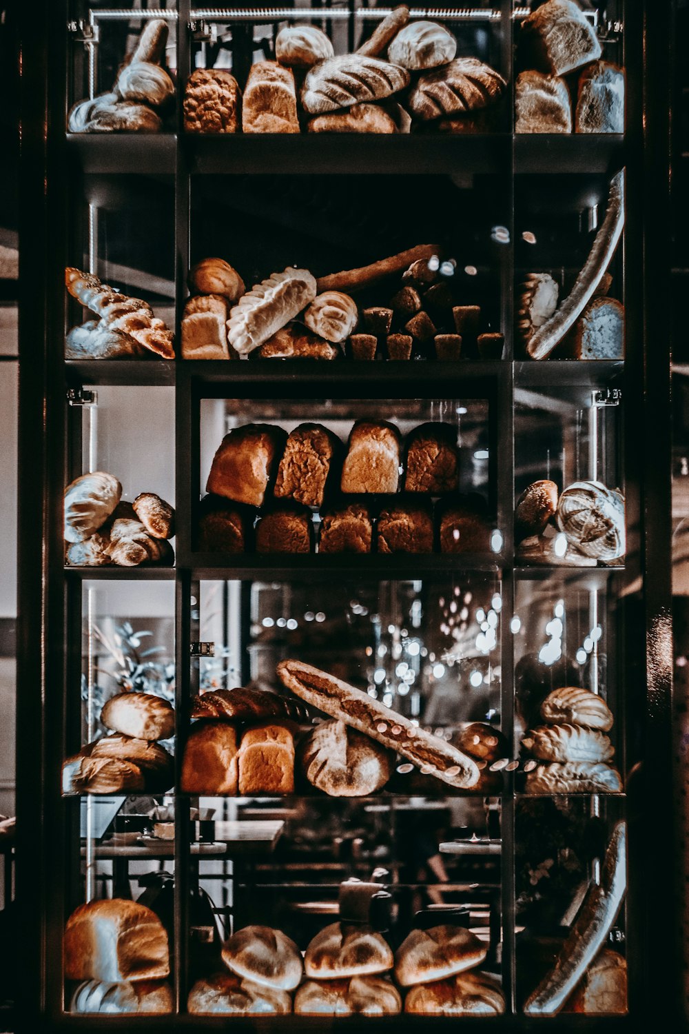 brown bread in clear glass display cabinet