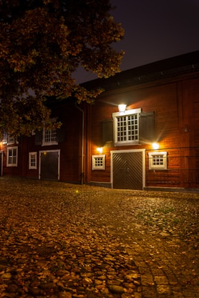 A cozy street in a European town bathed in warm mustard and marfim autumn light.