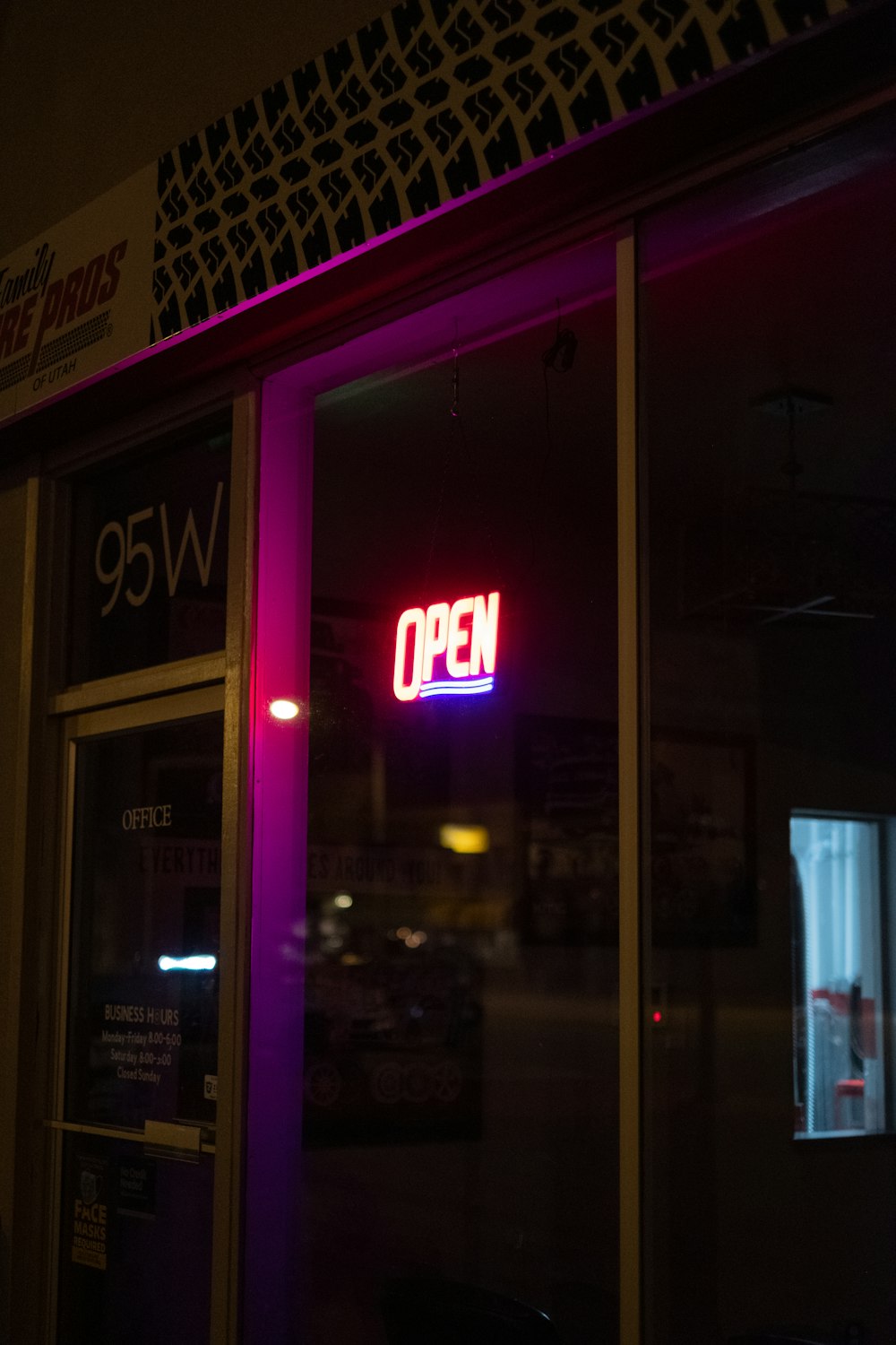 purple and white open neon sign