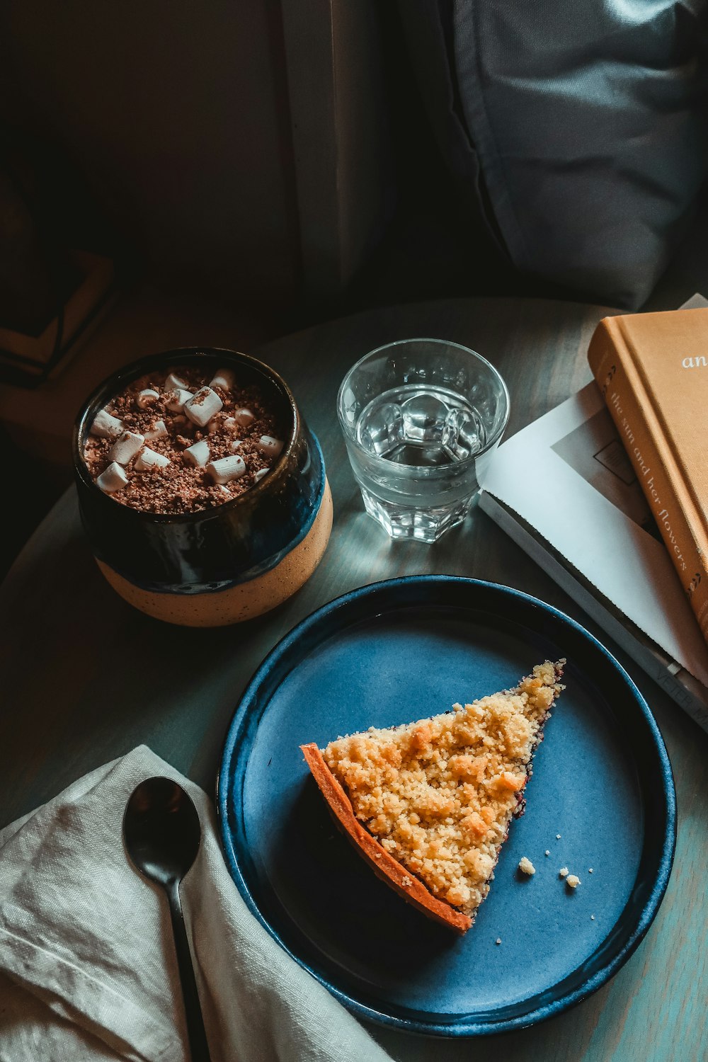 blue ceramic bowl with brown food