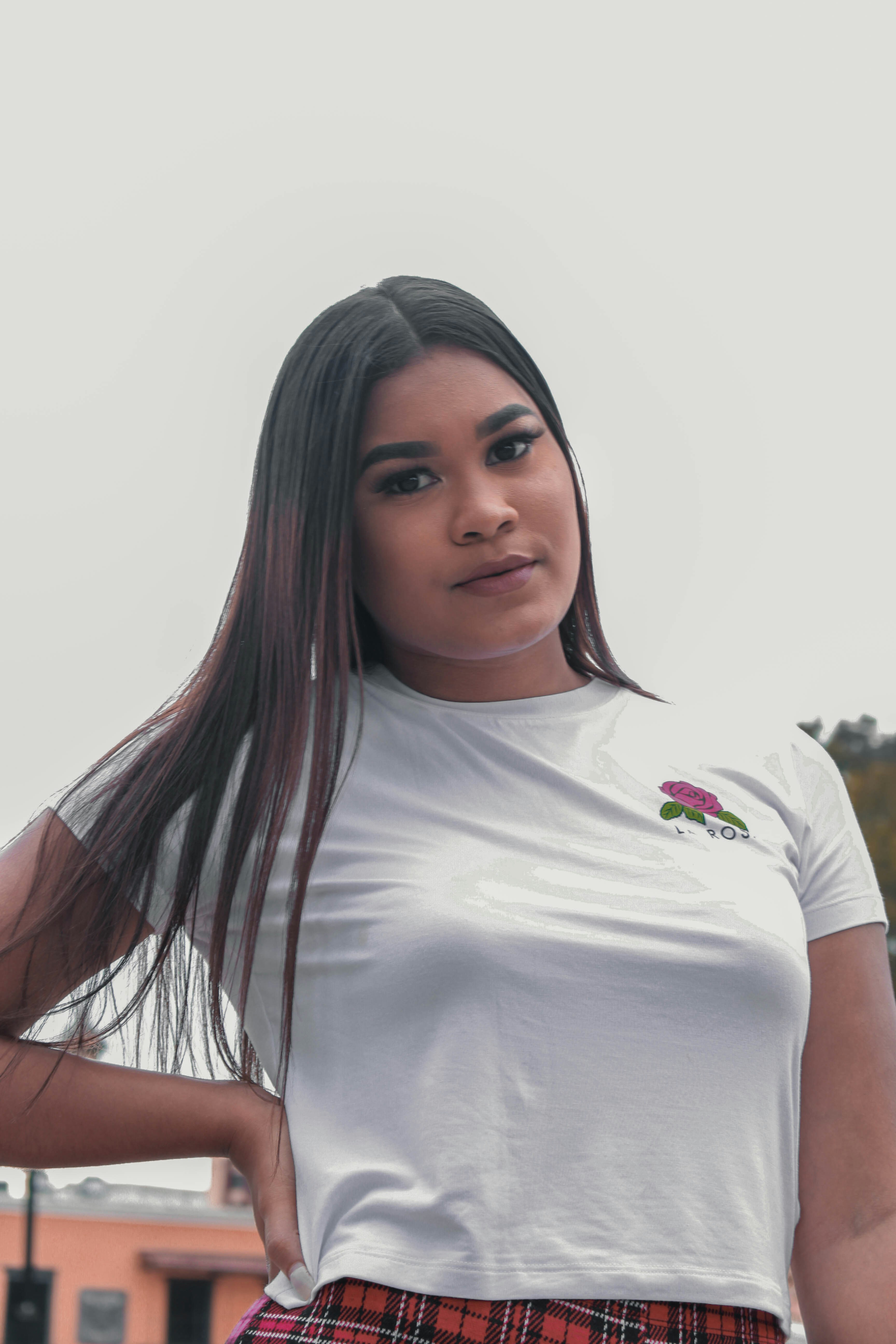 woman in white crew neck t-shirt