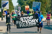 people walking in an animal rights march holding up banners