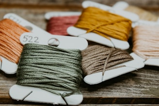 green and yellow yarn on brown wooden table