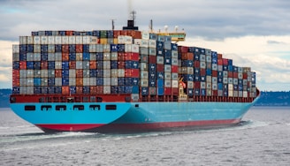 blue and red cargo ship on sea during daytime