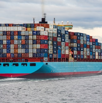 blue and red cargo ship on sea during daytime