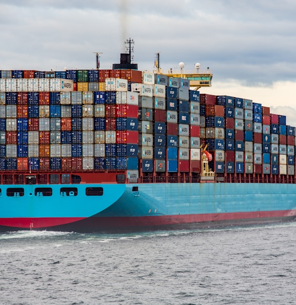 blue and red cargo ship on sea during daytime