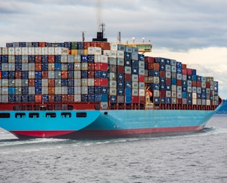 blue and red cargo ship on sea during daytime