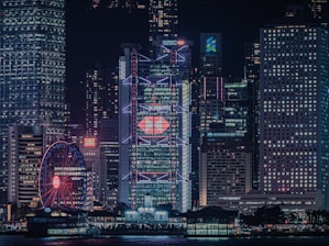 city skyline during night time