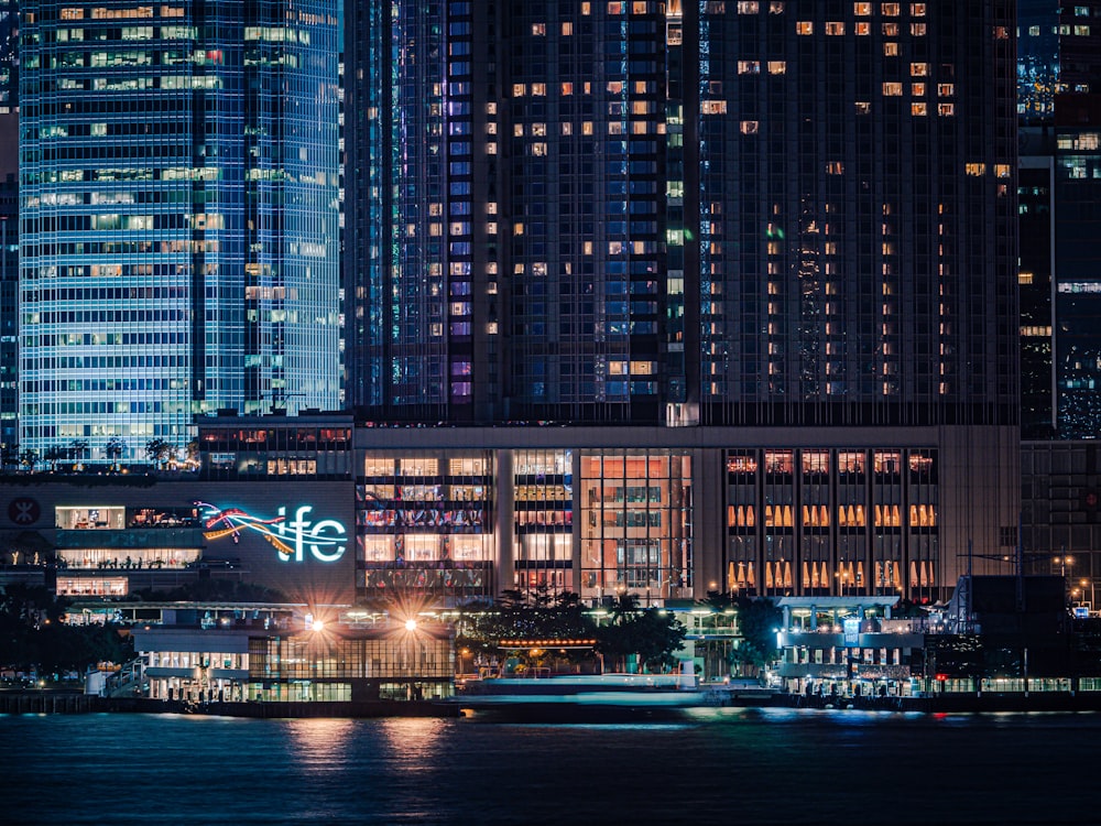 city skyline during night time