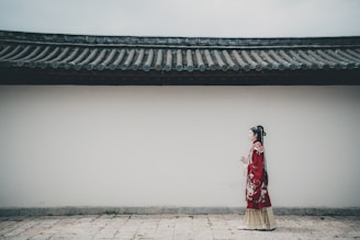 A person dressed in traditional attire walks alongside a minimalist wall with an overhanging tile roof. The clothing features intricate designs and deep colors, standing out against the muted tones of the background.