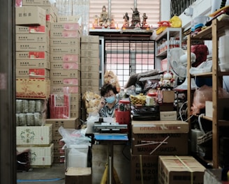 woman in blue and white dress standing beside brown cardboard boxes