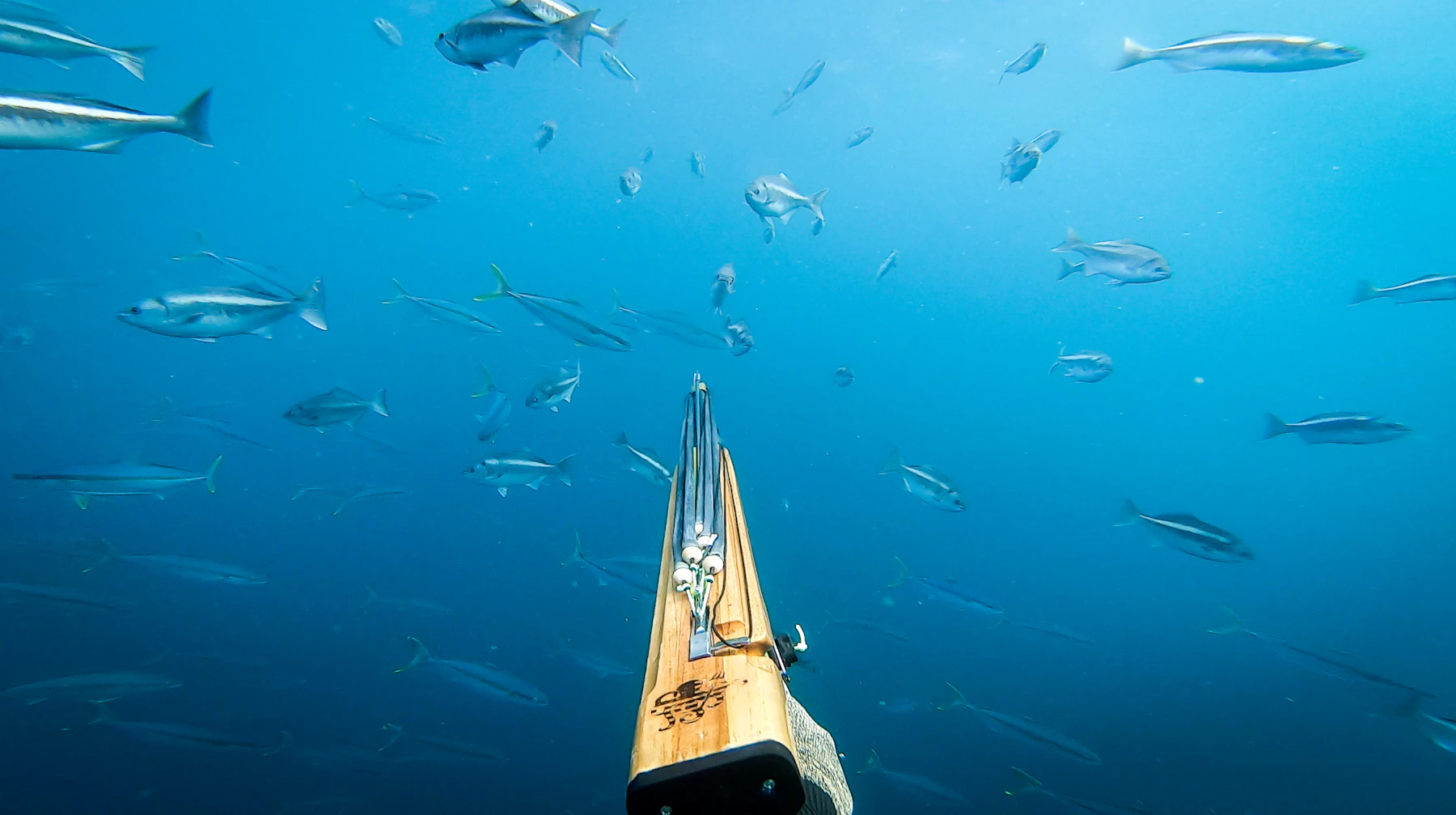 Angler on a traditional jukung boat lifting a fish from clear blue Amed waters