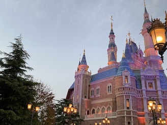 A majestic European castle facade at dawn, bathed in soft golden light highlighting intricate stonework and heraldic shields.
