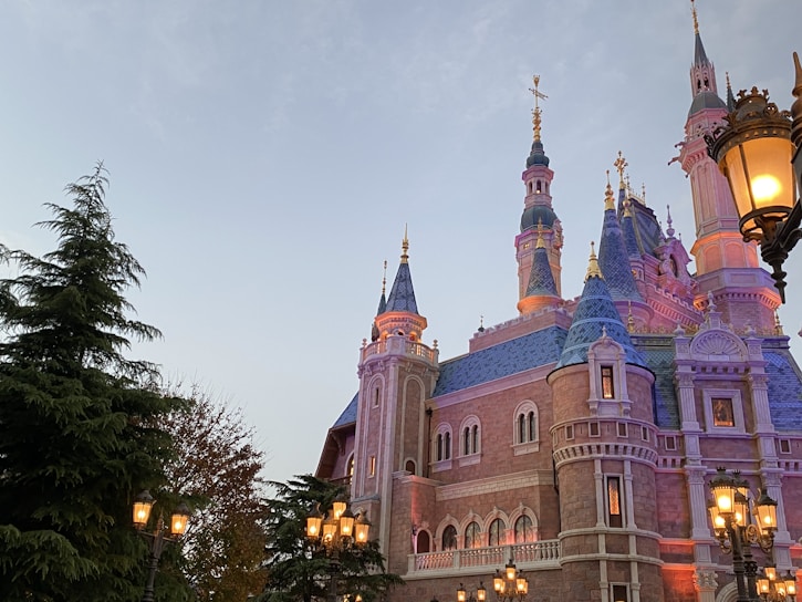 A majestic European castle facade at dawn, bathed in soft golden light highlighting intricate stonework and heraldic shields.
