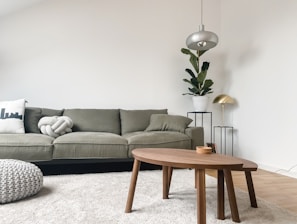gray 2 seat sofa near brown wooden coffee table