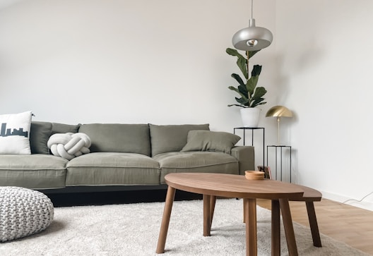 gray 2 seat sofa near brown wooden coffee table