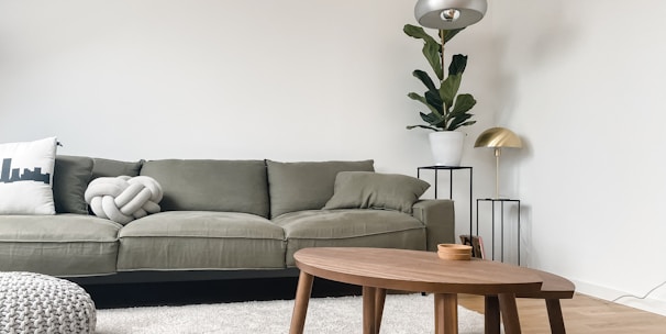 gray 2 seat sofa near brown wooden coffee table