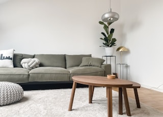 gray 2 seat sofa near brown wooden coffee table