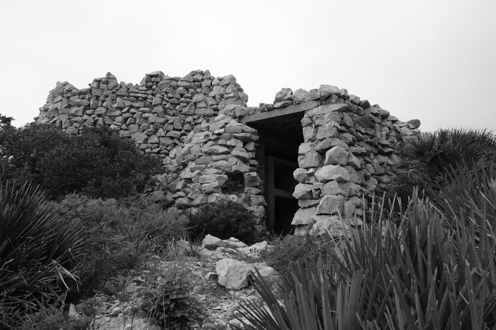 grayscale photo of rock formation