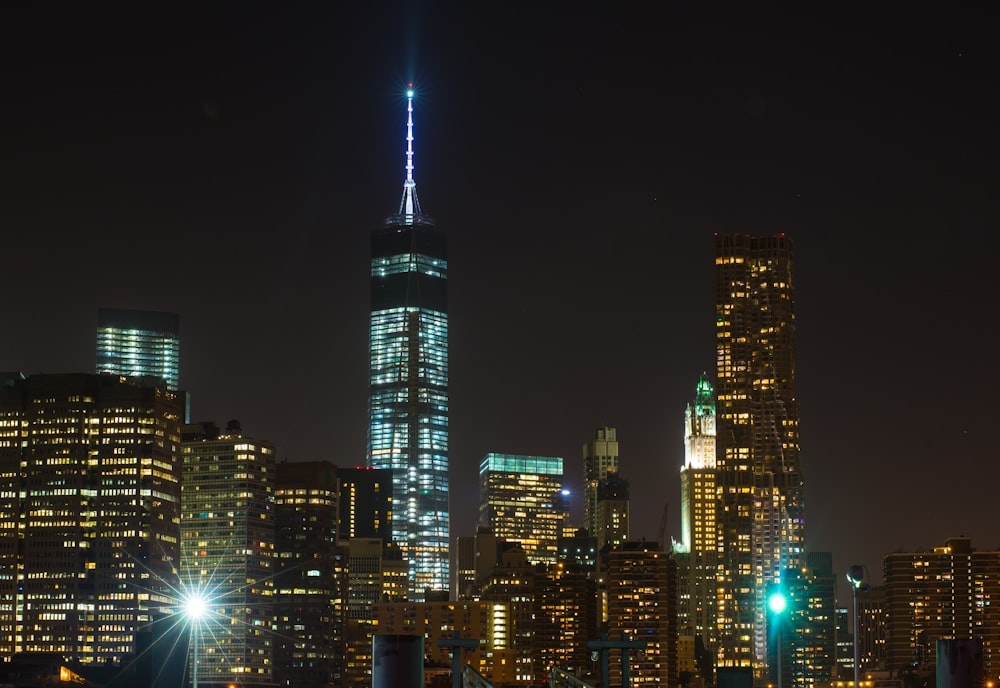 city skyline during night time