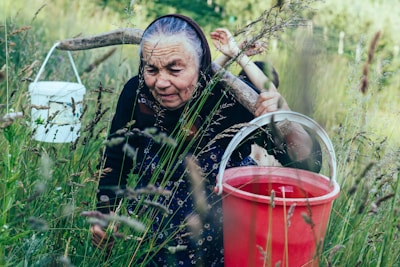 An elderly woman with a headscarf is carrying two buckets attached to a wooden yoke across her shoulders, walking through a field of tall grass. The scene appears to be rural and captures a moment of hard work and resilience.