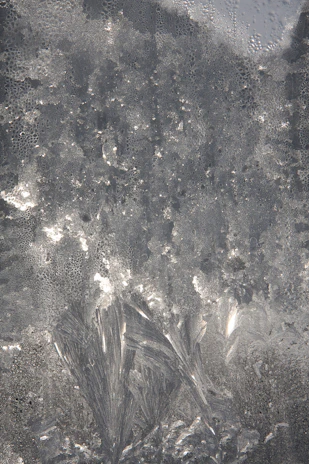 Detailed image of a frost crystal pattern on a glass surface, shimmering softly.