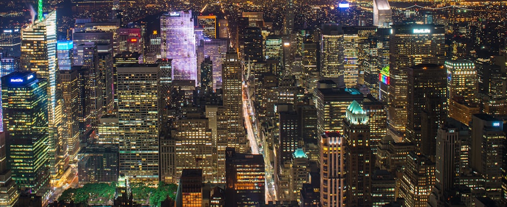 aerial view of city buildings during night time