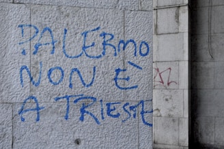 Bold blue graffiti with the phrase 'Palermo non è a Trieste' is spray-painted on a textured grey stone wall. A smaller red mark is also visible to the right, suggesting additional graffiti.