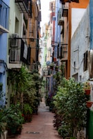 A narrow alleyway lined with colorful buildings featuring balconies and window shutters. Potted plants and greenery decorate the pathway, creating a charming and inviting atmosphere. The architecture has a rustic, Mediterranean style with warm tones and vibrant colors.