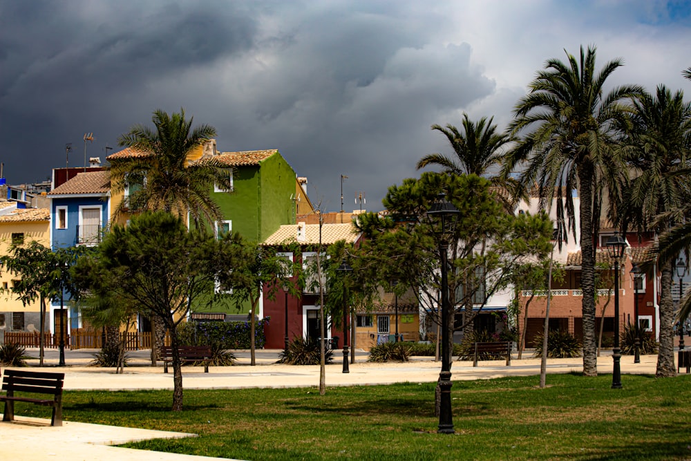 green palm trees near brown concrete building under gray clouds