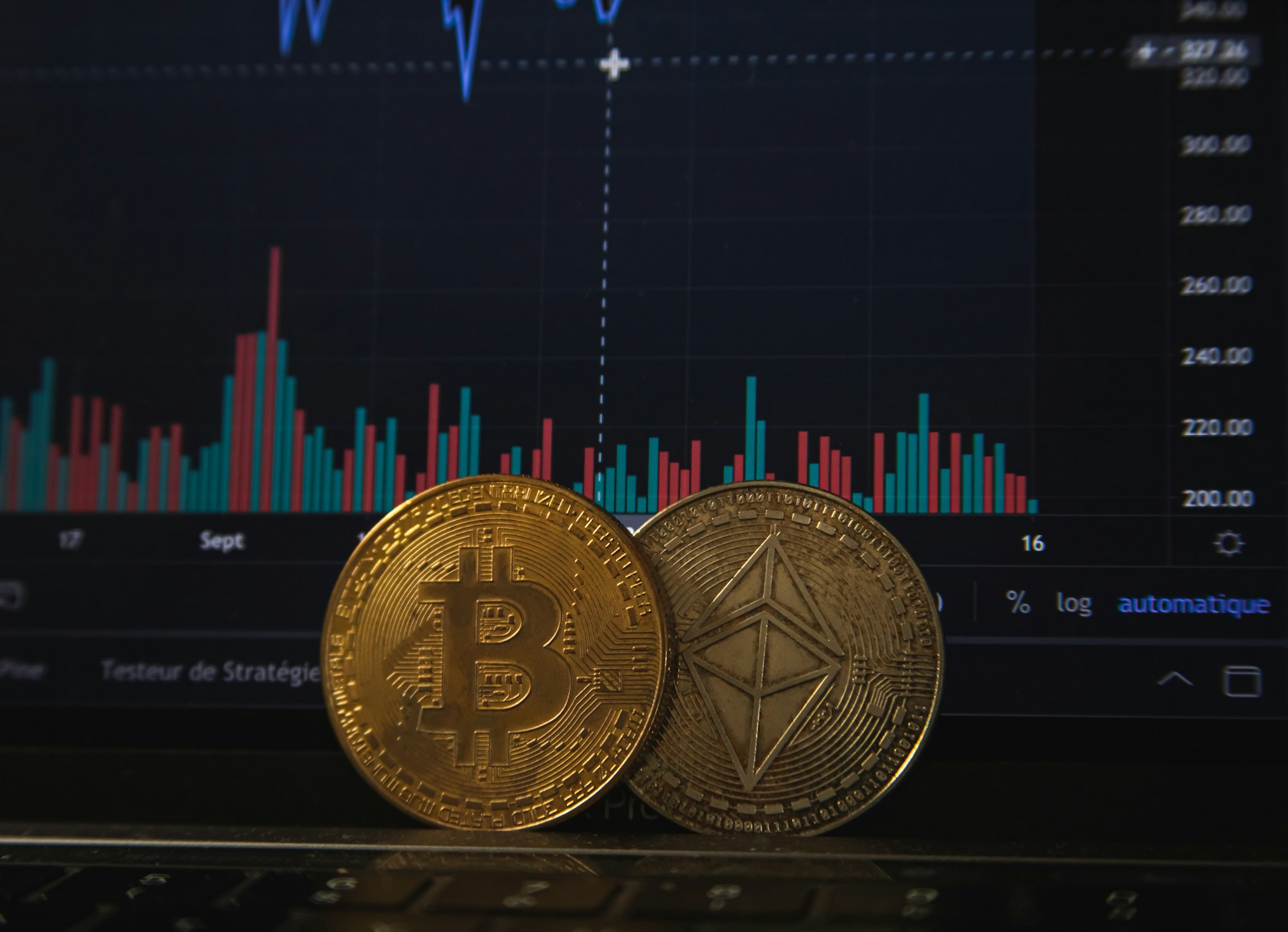 Electronic trading charts of cryptocurrency and Bitcoin