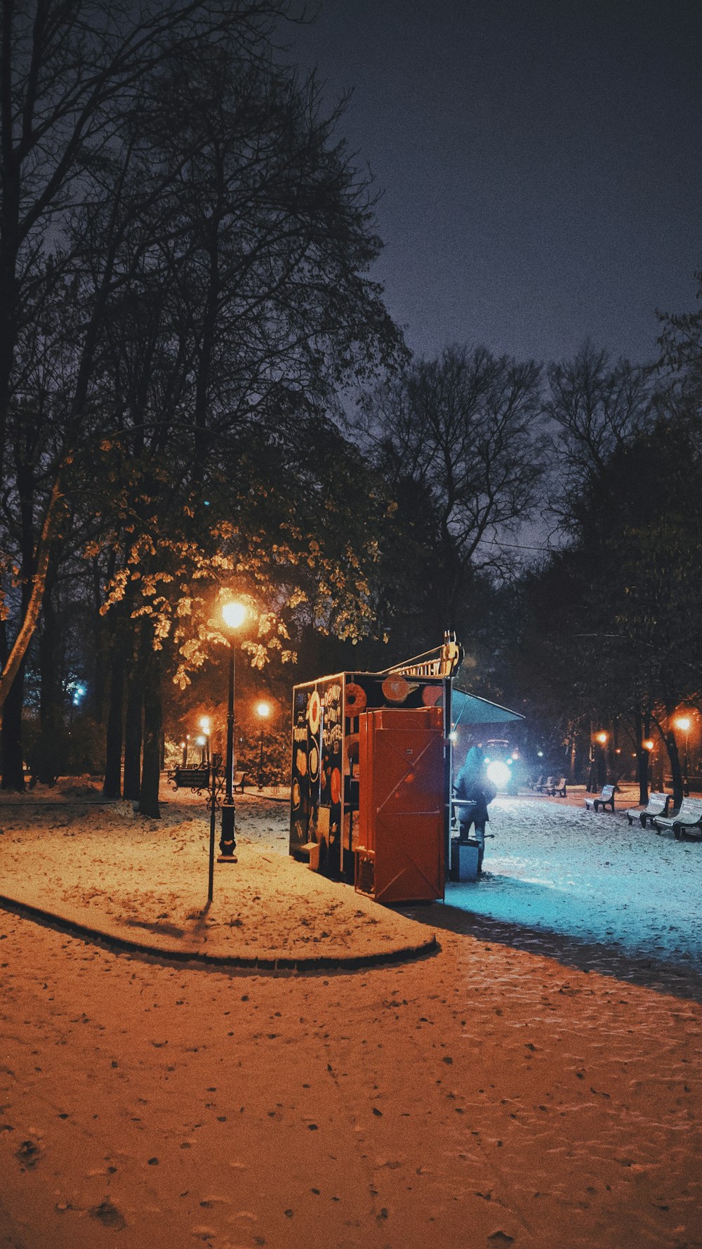 lighted street lamp near trees during night time