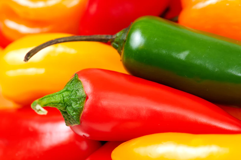 Red, yellow, and green bell peppers in close-up photography